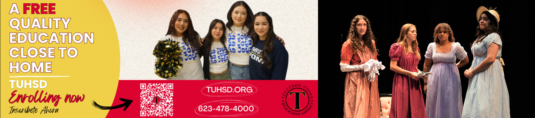 A free quality education close to home - TUHSD Enrolling now | Inscribete Ahora - tuhsd.org - 623-478-4000 | Four girls in dresses on stage