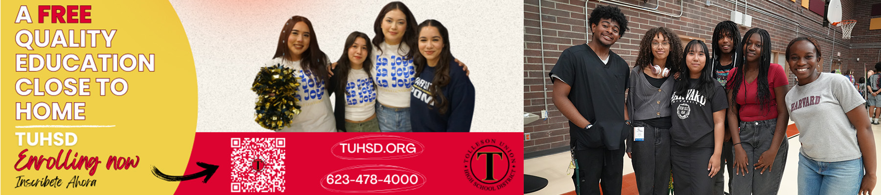 A free quality education close to home - TUHSD Enrolling now | Inscribete Ahora - tuhsd.org - 623-478-4000 | Group of happy posing for a picture in the gym