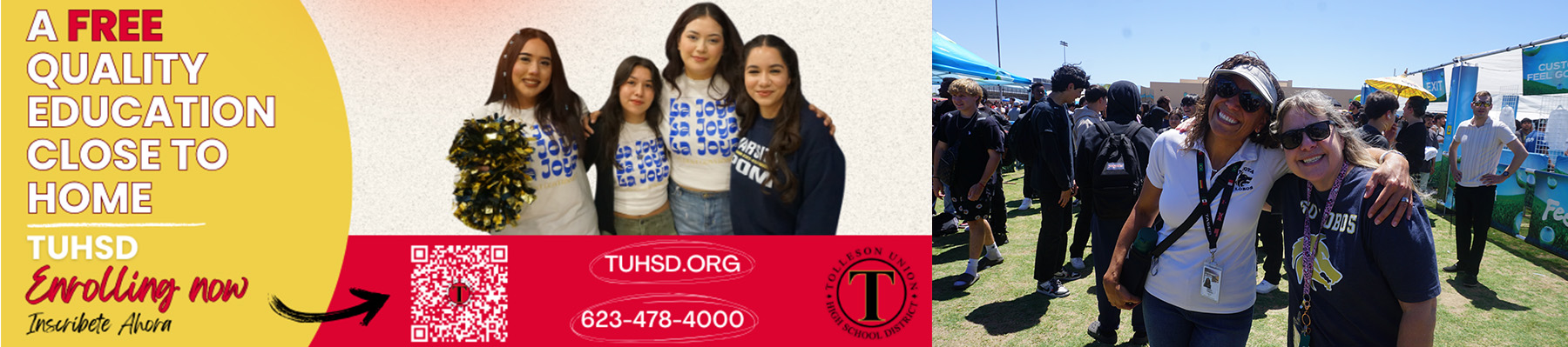 A free quality education close to home - TUHSD Enrolling now | Inscribete Ahora - tuhsd.org - 623-478-4000 | Two ladies outside at a school event